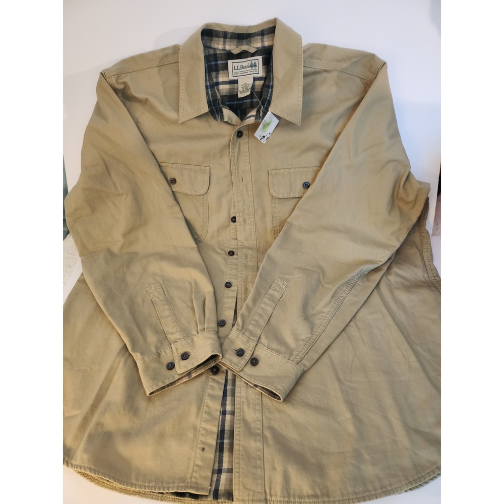 LL Bean Flannel Lined Work Shirt Mens XL Khaki Canvas Teflon Plaid 278634 NWT